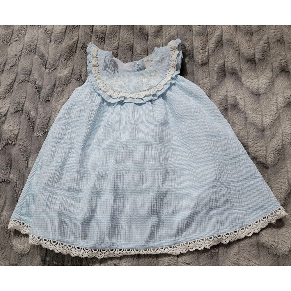 Joie 6-9 Months Baby Blue Gingham Embroidered Lace Dress Cottage Core